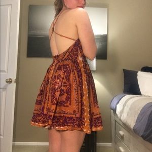 Backless tapestry high neck fit and flare dress